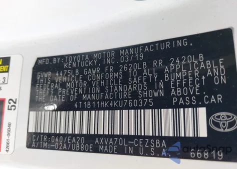 2019 Toyota Camry Se z USA, uszkodzony, nr VIN 4T1B11HK4KU760375